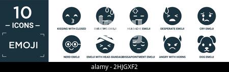 filled emoji icon set. contain flat kissing with closed eyes emoji, sweating emoji, headache desperate cry nerd with head-bandage dissapointment angry Stock Vector