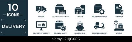 filled delivery icon set. contain flat side up, delivery containers, fragile, delivery settings, charter, by website, safety, logistic ship, scooter w Stock Vector