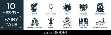 filled fairy tale icon set. contain flat knight, magic mirror, beast, cthulhu, frankenstein, cinderella carriage, damsel, jolly roger, spellbook, loch Stock Vector