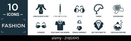 filled fashion icon set. contain flat long sleeve flowy dress, eyeliner pencils, shade, tasbih, fashion bag, eyewear, polo shirt for women, female swi Stock Vector