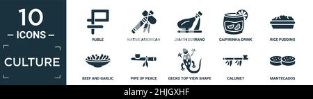 filled culture icon set. contain flat ruble, native american tomahawk, jam?n serrano, caipirinha drink glass of brazil, rice pudding, beef and garlic, Stock Vector