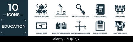filled education icon set. contain flat chemical diagram, microphone with stand, magnification lens, school agenda, grandstand, square root, book with Stock Vector
