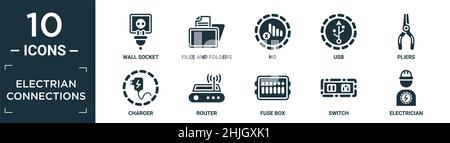 filled electrian connections icon set. contain flat wall socket, files and folders, no, usb, pliers, charger, router, fuse box, switch, electrician ic Stock Vector