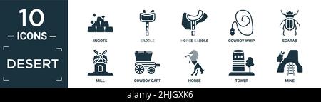 filled desert icon set. contain flat ingots, saddle, horse saddle, cowboy whip, scarab, mill, cowboy cart, horse, tower, mine icons in editable format Stock Vector