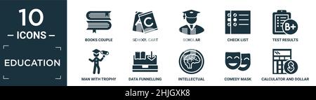 filled education icon set. contain flat books couple, school cart, scholar, check list, test results, man with trophy, data funnelling, intellectual, Stock Vector