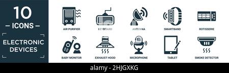 filled electronic devices icon set. contain flat air purifier, keyboard, antenna, smartband, rotisserie, baby monitor, exhaust hood, microphone, table Stock Vector