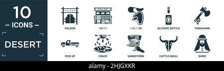 filled desert icon set. contain flat saloon, salon, holster, alcohol bottle, tomahawk, pick up, crack, sandstorm, cattle skull, sheik icons in editabl Stock Vector