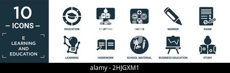 filled e learning and education icon set. contain flat education, studying, maths, marker, exam, learning, homework, school material, business educati Stock Vector