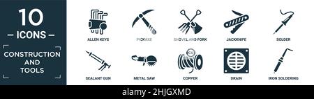 filled construction and tools icon set. contain flat allen keys, pickaxe, shovel and fork, jackknife, solder, sealant gun, metal saw, copper, drain, i Stock Vector