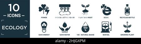 filled ecology icon set. contain flat power, hydroelectric power station, plant and root, eco e, recycled bottle, save energy, save water, 100 natural Stock Vector