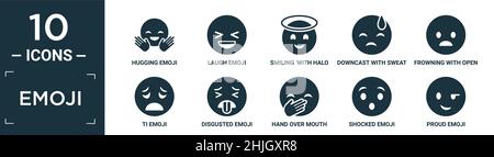 filled emoji icon set. contain flat hugging emoji, laugh emoji, smiling with halo downcast with sweat frowning with open mouth ti disgusted hand over Stock Vector