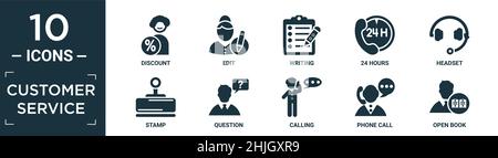 filled customer service icon set. contain flat discount, edit, writing, 24 hours, headset, stamp, question, calling, phone call, open book icons in ed Stock Vector