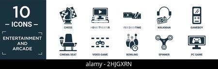 filled entertainment and arcade icon set. contain flat chess, home theater, video editing, walkman, gameboy, cinema seat, video game, bowling, spinner Stock Vector