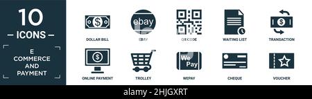 filled e commerce and payment icon set. contain flat dollar bill, ebay, qr code, waiting list, transaction, online payment, trolley, wepay, cheque, vo Stock Vector