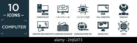 filled computer icon set. contain flat computer set, computing code, computer chip, full robotics, monitor and mouse, classroom keyboard, download fro Stock Vector