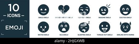 filled emoji icon set. contain flat smile emoji, broken heart emoji, suspect imagine excited muted sca sleeping tongue out smiling with horns icons in Stock Vector