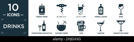 filled drinks icon set. contain flat energy drink, sorkscrew, mint julep, herbal liquor, wine, corkscrews and bottle of wine, coconut drink, pub, mart Stock Vector