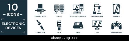 filled electronic devices icon set. contain flat exhaust hood, server, personal computer, laser machine, phones, connector, sata, drive, lcd, game con Stock Vector