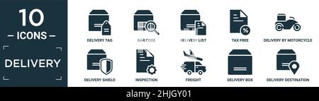 filled delivery icon set. contain flat delivery tag, bar code, delivery list, tax free, by motorcycle, shield, inspection, freight, box, destination i Stock Vector