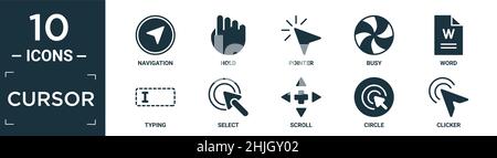 filled cursor icon set. contain flat navigation, hold, pointer, busy, word, typing, select, scroll, circle, clicker icons in editable format. Stock Vector