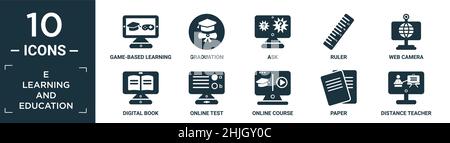 filled e learning and education icon set. contain flat game-based learning, graduation, ask, ruler, web camera, digital book, online test, online cour Stock Vector