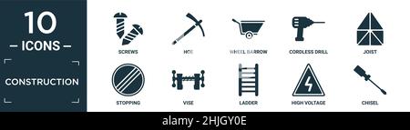 filled construction icon set. contain flat screws, hoe, wheel barrow, cordless drill, joist, stopping, vise, ladder, high voltage, chisel icons in edi Stock Vector