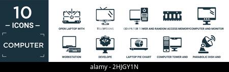 filled computer icon set. contain flat open laptop with shining screen, televisions, computer tower and monitor, random access memory chip, computer a Stock Vector