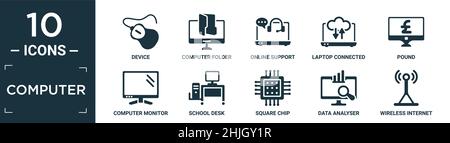 filled computer icon set. contain flat device, computer folder, online support, laptop connected to cloud, pound, computer monitor, school desk, squar Stock Vector