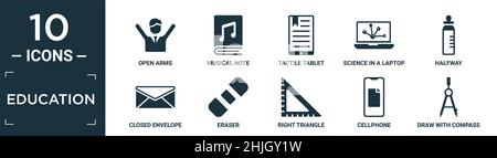 filled education icon set. contain flat open arms, musical note, tactile tablet, science in a laptop, halfway, closed envelope, eraser, right triangle Stock Vector
