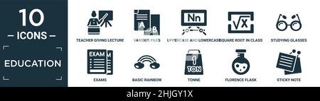 filled education icon set. contain flat teacher giving lecture, various files, uppercase and lowercase letter, square root in class, studying glasses, Stock Vector