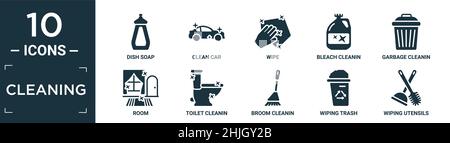 filled cleaning icon set. contain flat dish soap, clean car, wipe, bleach cleanin, garbage cleanin, room, toilet cleanin, broom wiping trash, wiping u Stock Vector