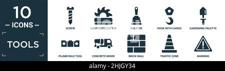 filled tools icon set. contain flat screw, carpenter cutter, bolster, hook with cargo, gardening palette, plumb rule tool, concrete mixer, brick wall, Stock Vector