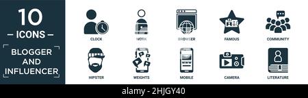 filled blogger and influencer icon set. contain flat clock, work, browser, famous, community, hipster, weights, mobile, camera, literature icons in ed Stock Vector