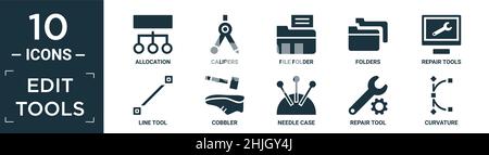 filled edit tools icon set. contain flat allocation, calipers, file folder, folders, repair tools, line tool, cobbler, needle case, repair tool, curva Stock Vector