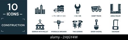 filled construction icon set. contain flat , little snowplow, spanner, dump truck, angle ruler, derrick with pallet, hydraulic breaker, two screws, sh Stock Vector