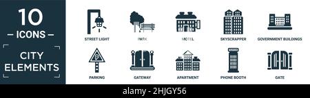 filled city elements icon set. contain flat street light, park, motel, skyscrapper, government buildings, parking, gateway, apartment, phone booth, ga Stock Vector