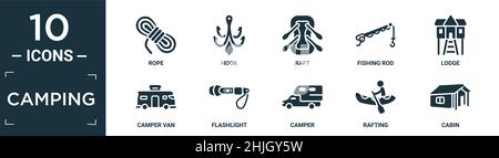 filled camping icon set. contain flat rope, hook, raft, fishing rod, lodge, camper van, flashlight, camper, rafting, cabin icons in editable format. Stock Vector