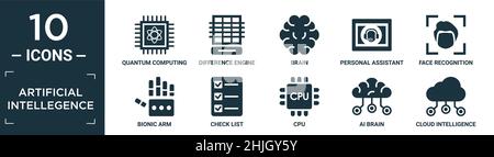 filled artificial intellegence icon set. contain flat quantum computing, difference engine, brain, personal assistant, face recognition, bionic arm, c Stock Vector
