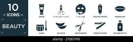 filled beauty icon set. contain flat cream, manicure scissors, face mask, electric shaver, woman lips, sauna, eye patch, hair scissors, straight razor Stock Vector