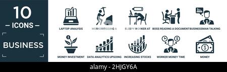 filled business icon set. contain flat laptop analysis, worker digging a hole, sleepy worker at work, boss reading a document, businessman talking abo Stock Vector