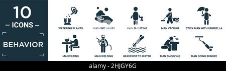 filled behavior icon set. contain flat watering plants, washing hands, man shouting, man vacuum, stick man with umbrella, eating, welding, headfirst t Stock Vector