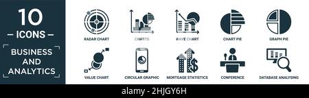 filled business and analytics icon set. contain flat radar chart, charts, wave chart, chart pie, graph pie, value circular graphic of mobile, mortgage Stock Vector