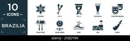 filled brazilia icon set. contain flat flower, canes, drum, vuvuzela, theater masks, palm tree, sunflower, surf, sea, horn icons in editable format. Stock Vector