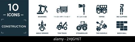 filled construction icon set. contain flat backhoes, truck with freight, inclined ax, tipper, big clippers, angle grinder, tow truck, steamroller, two Stock Vector