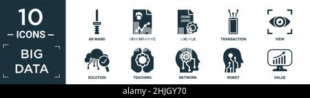 filled big data icon set. contain flat ar wand, demographic, log file, transaction, view, solution, teaching, network, robot, value icons in editable Stock Vector