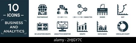 filled business and analytics icon set. contain flat partnership, consulting, users interconnected, shder, dot, 3d location graph, analytics monitor, Stock Vector