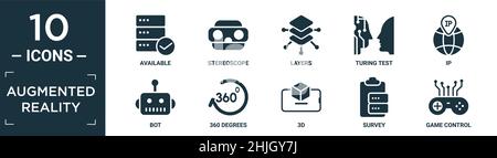 filled augmented reality icon set. contain flat available, stereoscope, layers, turing test, ip, bot, 360 degrees, 3d, survey, game control icons in e Stock Vector