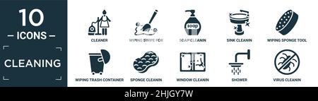 filled cleaning icon set. contain flat cleaner, wiping swipe for floors, soap cleanin, sink cleanin, wiping sponge tool, wiping trash container, spong Stock Vector