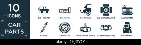 filled car parts icon set. contain flat car hard top, car gasket, car towbar, universal joint, radiator, coil, clutch, rear-view mirror, fascia (briti Stock Vector