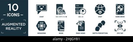 filled augmented reality icon set. contain flat chat, touch screen, goals, visit, hard drive, hexagons, book, page views, depth perception, eye tap ic Stock Vector